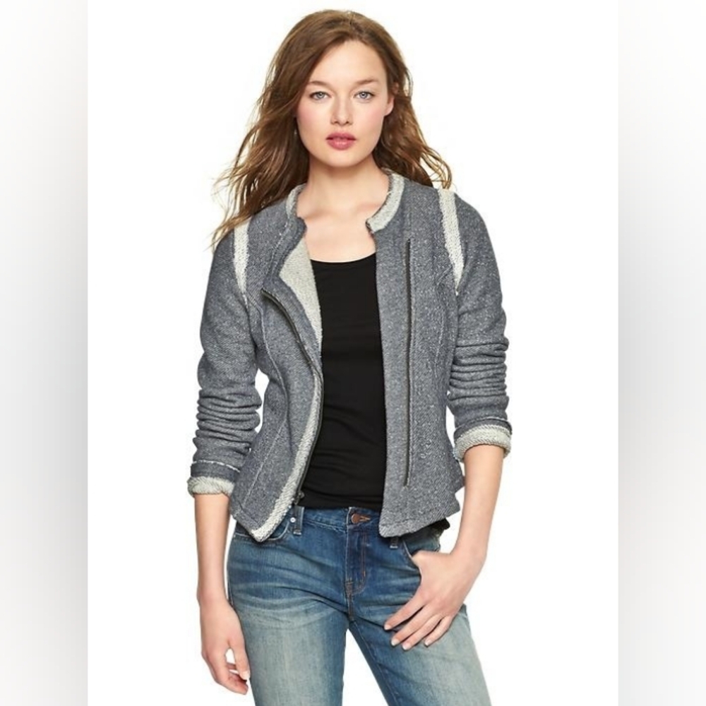 GAP Terry Motto Jacket Sz Small A-Symmetrical Zipper Fur Lining Preppy Style